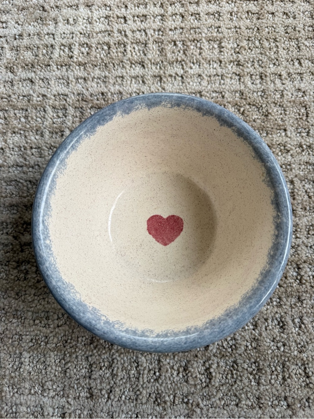 Unmarked Handmade Studio Pottery Bowl Red Heart Cream Blue Gray